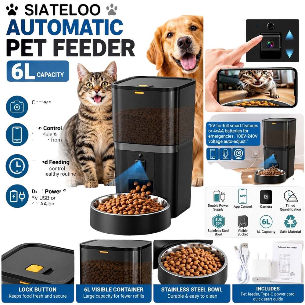 SIATELOO 6L Automatic Cat Dog Food Feeder Black Scheduled Portion Control